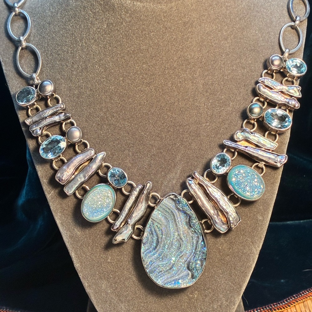 Elegant Sterling Silver, Druzy, Abalone and Blue Topaz Statement Necklace